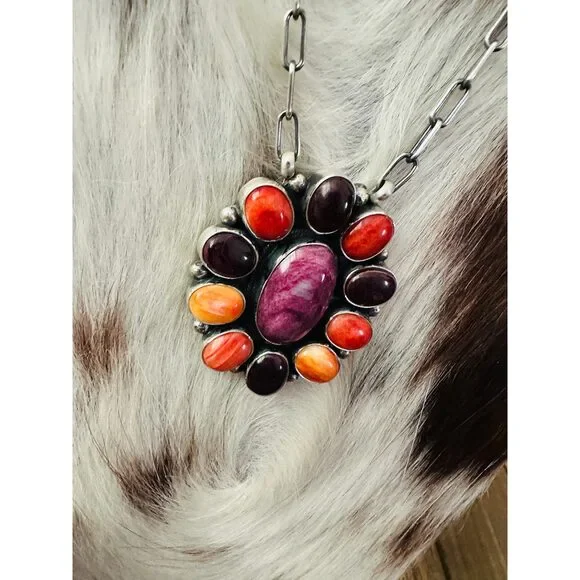 Handcrafted Multicolor Spiny Oyster & Sterling Silver Cluster Necklace by Sheil